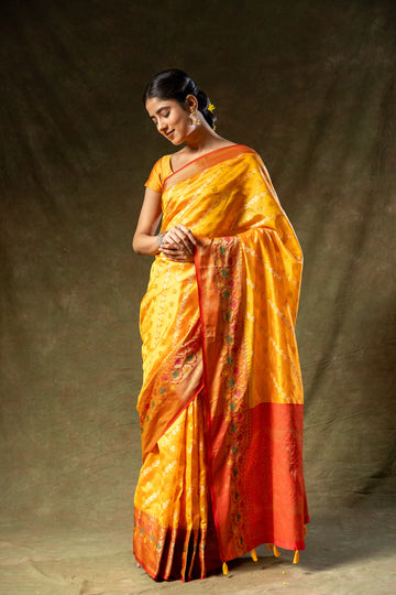 Mango Gold Organza Banarasi Woven Zari Saree With Unstitched Blouse