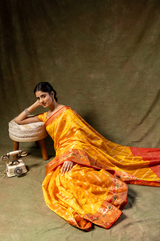 Mango Gold Organza Banarasi Woven Zari Saree With Unstitched Blouse