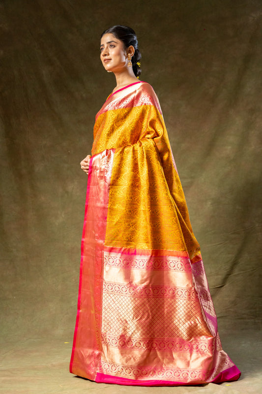 Mustard Banarasi Silk Woven Zari Saree With Unstitched Blouse