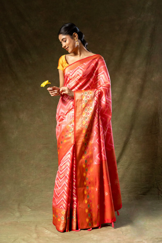 Coral Tissue Banarasi Woven Zari Saree With Unstitched Blouse