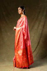 Coral Tissue Banarasi Woven Zari Saree With Unstitched Blouse