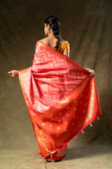 Coral Tissue Banarasi Woven Zari Saree With Unstitched Blouse