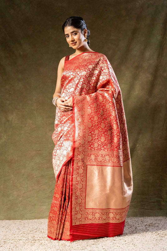 Red Banarasi Silk Woven Zari Saree With Unstitched Blouse