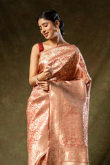 Gajari Banarasi Silk Woven Zari Saree With Unstitched Blouse (Ft:-Ramya Sumana)