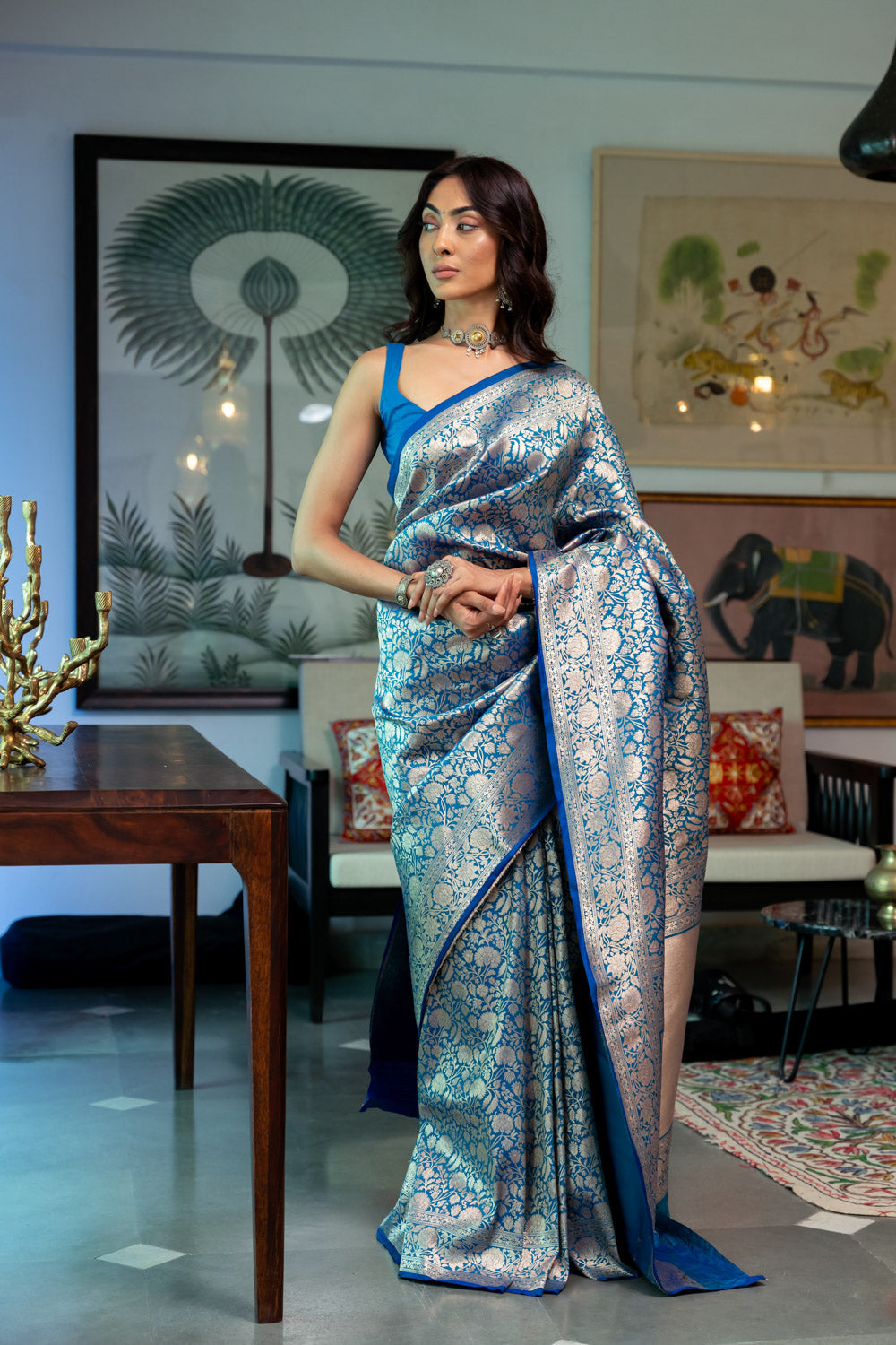 Dark Firozi Banarasi Silk Woven Zari Saree With Unstitched Blouse