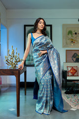 Dark Firozi Banarasi Silk Woven Zari Saree With Unstitched Blouse