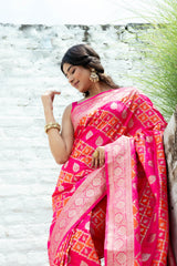 Rani Banarasi Silk Woven Zari Saree With Unstitched Blouse