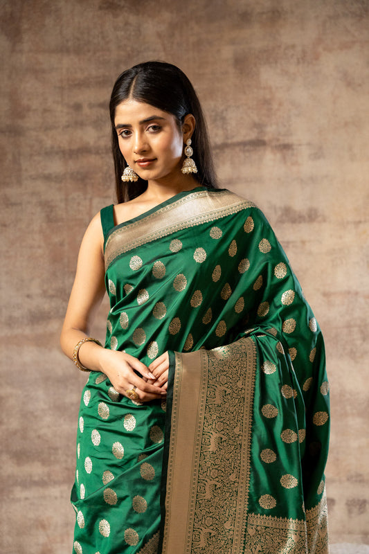 Bottle Green Banarasi Silk Woven Zari Saree With Unstitched Blouse