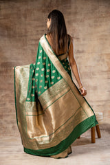 Bottle Green Banarasi Silk Woven Zari Saree With Unstitched Blouse