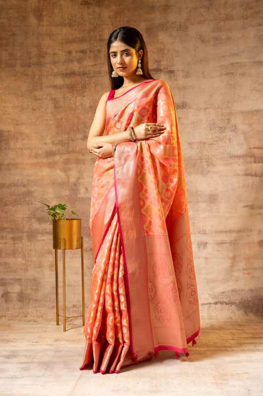 Coral Organza Banarasi Woven Zari Saree With Unstitched Blouse