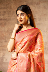 Coral Organza Banarasi Woven Zari Saree With Unstitched Blouse