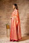 Coral Organza Banarasi Woven Zari Saree With Unstitched Blouse