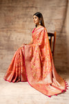 Coral Organza Banarasi Woven Zari Saree With Unstitched Blouse