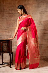 Rani Banarasi Silk Woven Zari Saree With Unstitched Blouse