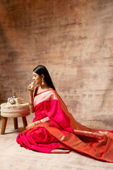 Rani Banarasi Silk Woven Zari Saree With Unstitched Blouse