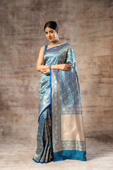 Dark Firozi Banarasi Silk Woven Zari Saree With Unstitched Blouse