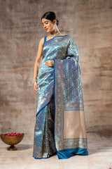 Dark Firozi Banarasi Silk Woven Zari Saree With Unstitched Blouse