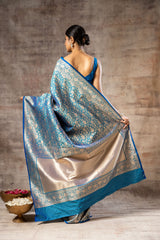 Dark Firozi Banarasi Silk Woven Zari Saree With Unstitched Blouse