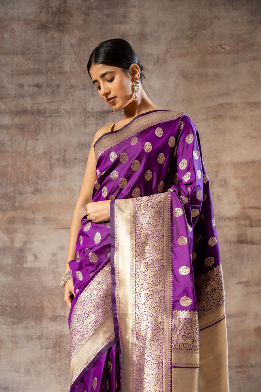 Magenta Banarasi Silk Woven Zari Saree With Unstitched Blouse