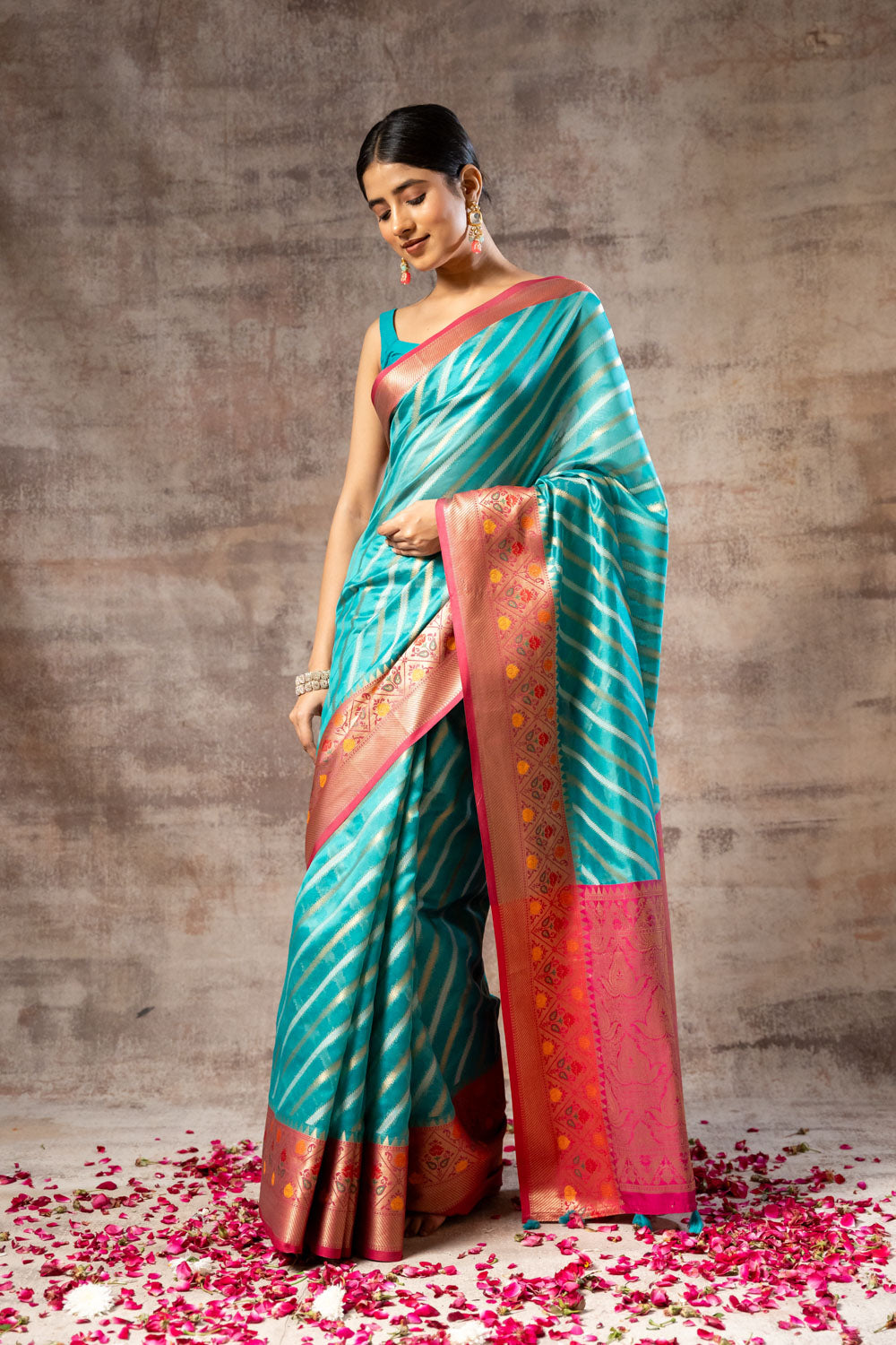 Firozi Organza Banarasi Woven Zari Saree With Unstitched Blouse