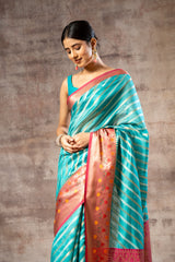 Firozi Organza Banarasi Woven Zari Saree With Unstitched Blouse