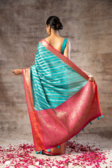 Firozi Organza Banarasi Woven Zari Saree With Unstitched Blouse