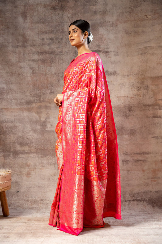 Rani Banarasi Silk Woven Zari Saree With Unstitched Blouse