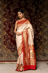 Off White Red Banarasi Silk Woven Zari Saree With Unstitched Blouse