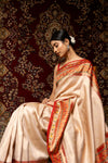 Off White Red Banarasi Silk Woven Zari Saree With Unstitched Blouse