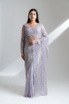 Mauve Net Embroidered Saree With Readymade Blouse
