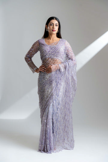 Mauve Net Embroidered Saree With Readymade Blouse
