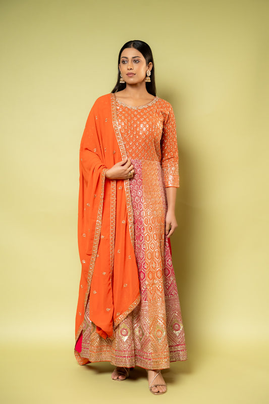 Rust Georgette Floor Length Readymade Suit With Georgette Dupatta