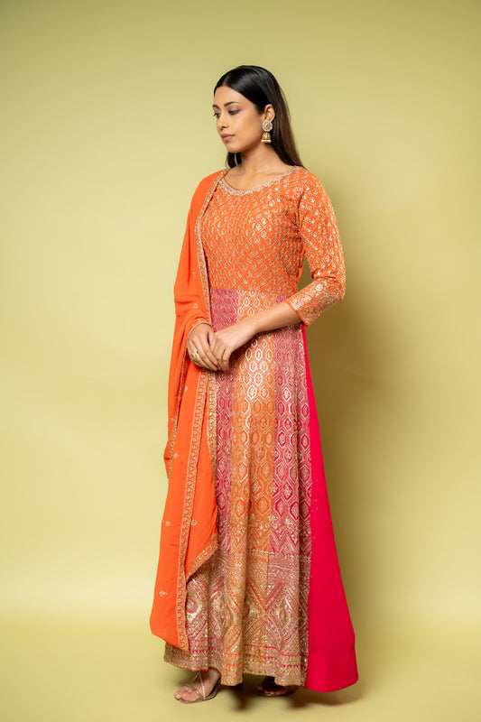 Rust Georgette Floor Length Readymade Suit With Georgette Dupatta