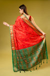 Coral Banarasi Silk Saree With Unstitched Blouse