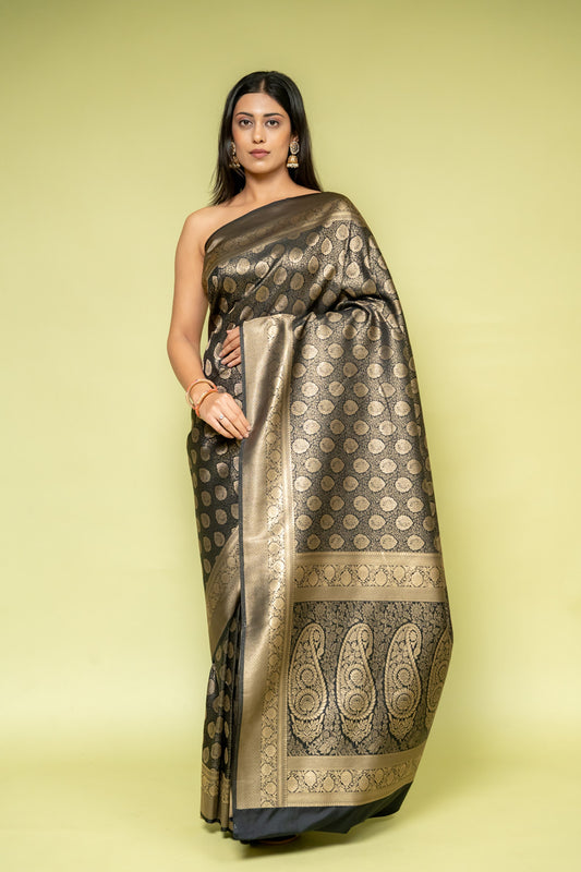 Black Banarasi Silk Saree With Unstitched Blouse