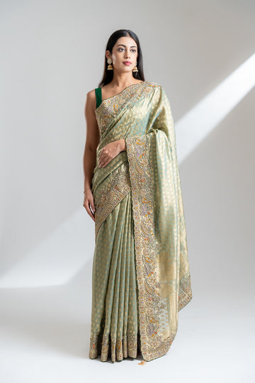 Pista Banarasi Silk Saree With Unstitched Blouse