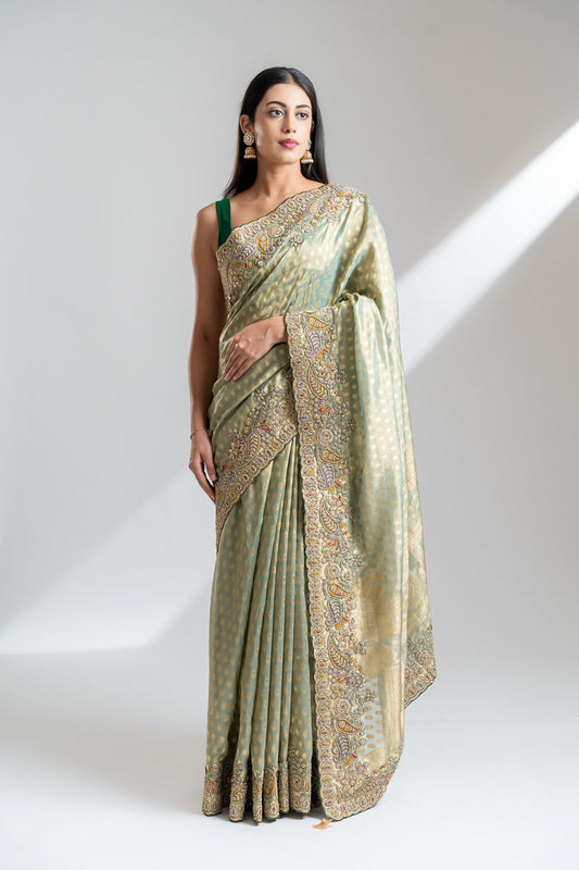 Pista Banarasi Silk Saree With Unstitched Blouse