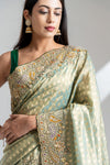 Pista Banarasi Silk Saree With Unstitched Blouse