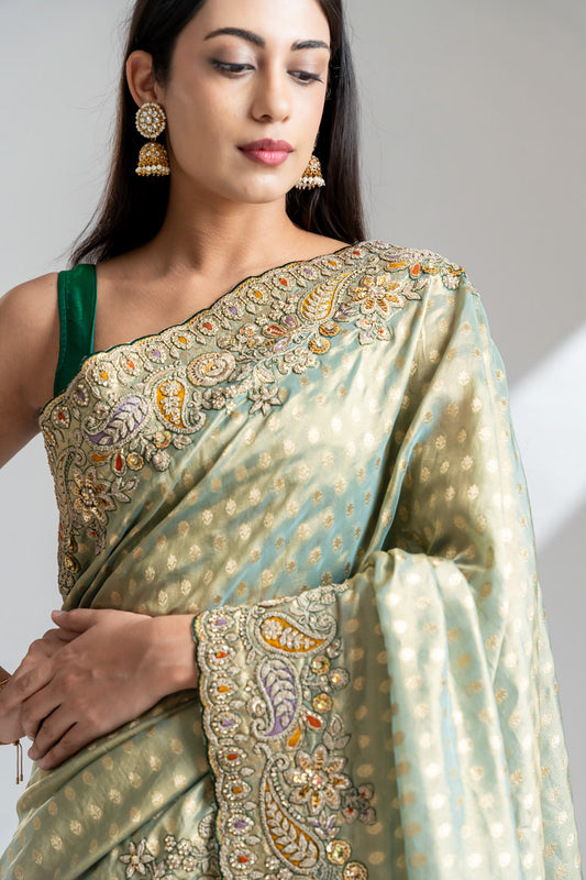 Pista Banarasi Silk Saree With Unstitched Blouse
