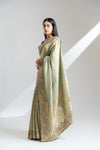 Pista Banarasi Silk Saree With Unstitched Blouse