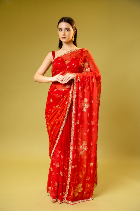 Red Chiffon Embroidered Saree With Unstitched Blouse