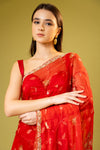 Red Chiffon Embroidered Saree With Unstitched Blouse