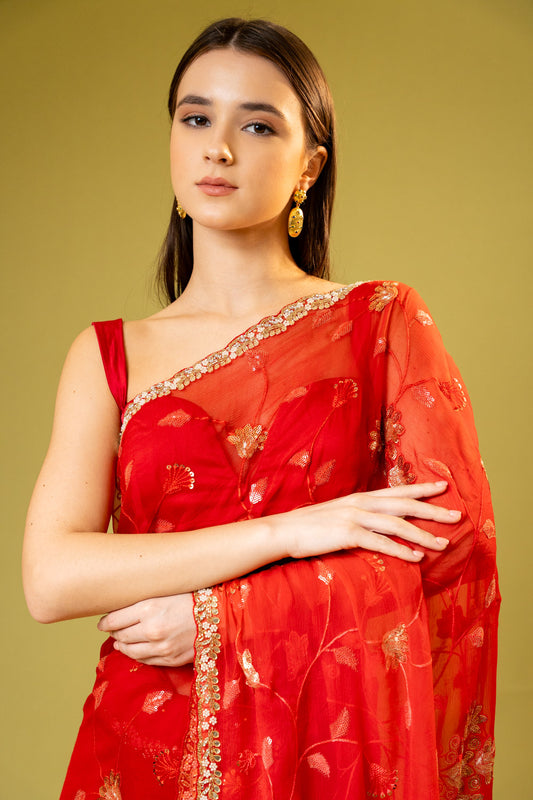 Red Chiffon Embroidered Saree With Unstitched Blouse