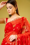 Red Chiffon Embroidered Saree With Unstitched Blouse