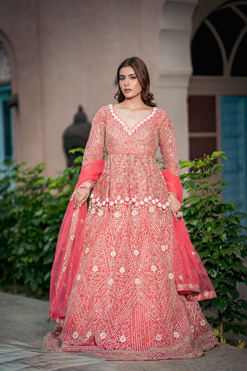 Coral Short Top Net Lehenga Set With Net Dupatta