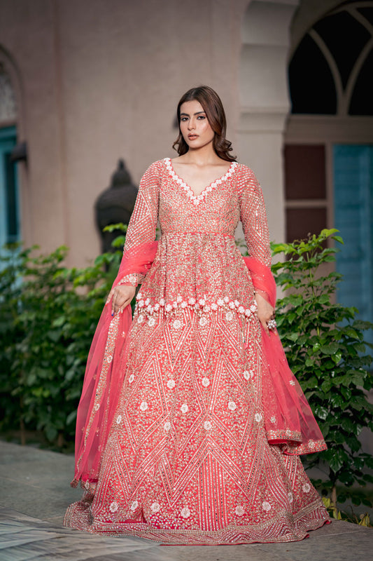 Coral Short Top Net Lehenga Set With Net Dupatta