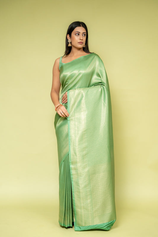 Mint Green Banarasi Silk Saree With Unstitched Blouse