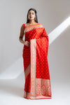 Red Banarasi Silk Saree With Unstitched Blouse