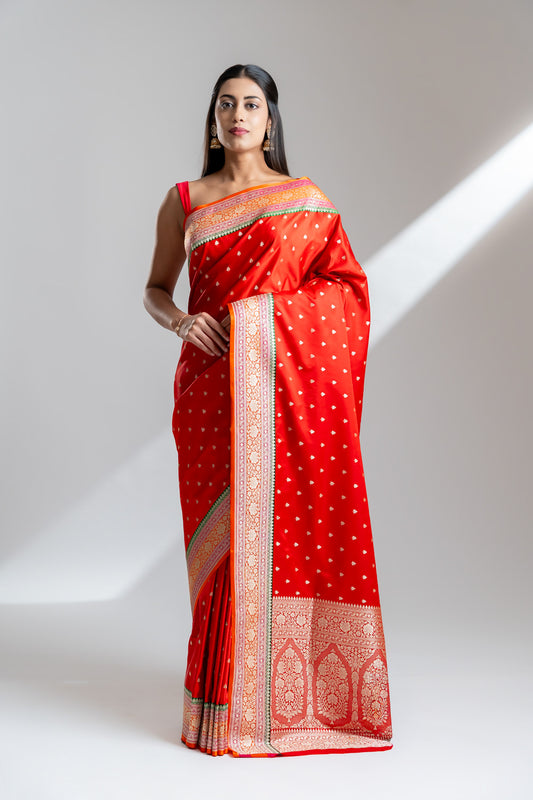 Red Banarasi Silk Saree With Unstitched Blouse