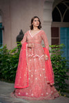 Coral Short Top Net Lehenga Set With Net Dupatta
